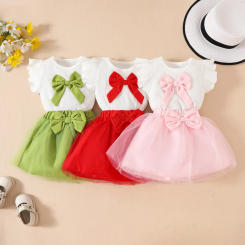 Sweet Style Step Girl Sleeveless Bow Pit Strip Top Mesh Half Skirt Set Summer Skirt Set