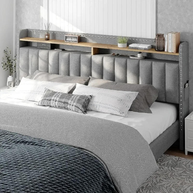 Description Picture 5 of itemZHENXIANG King Size Bed Frame with Storage and Headboard, Upholstered King Bed Frame/Storage, Grey King Bed Frame with 2 Drawers