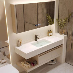 Luxury Cream Style Hotel Bathroom Cabinet Combination Rock Plate Seamless Basin Bathroom Toilet Gabinete Furniture YX50BC