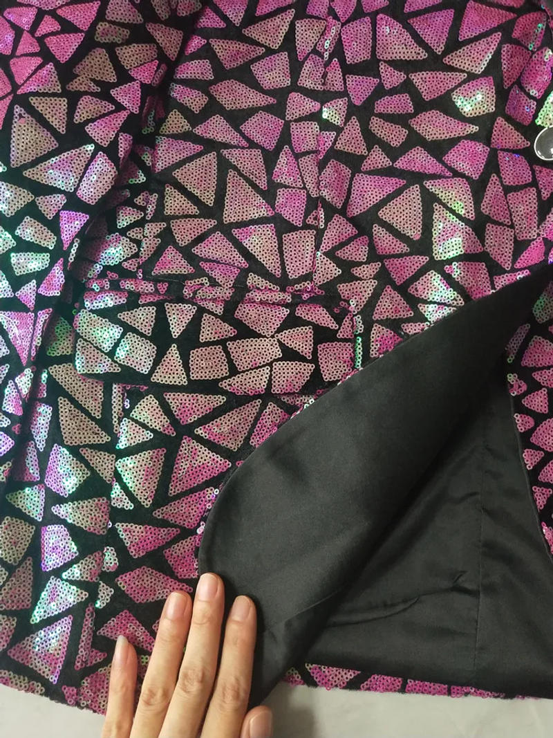 Description Picture 4 of itemMen's Singer Host Glitter Sequins Suit Jacket Pink Purple Blue Gold Lace Velvet Formal Slim Fit Coat Wedding Party Blazer Tuxedo