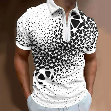 Mens Digital Print Polo Shirt Summer Zipper Turn-Down Collar Short Sleeve Holiday Beach Tee Shirt Fit Slim Streetwear T-Shirt