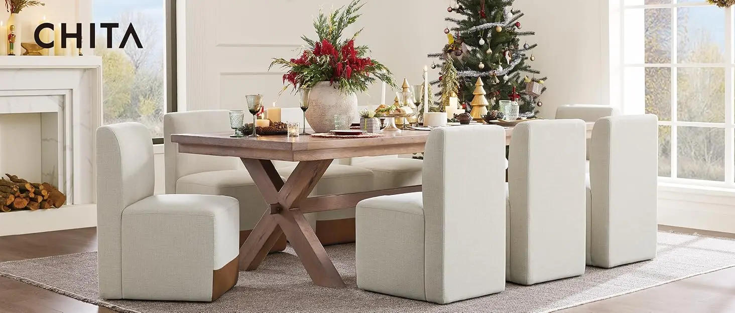 Description Picture 2 of itemCHITA Mid-Century Modern Dining Chair, Upholstered Fabric Accent Chair for Dining Room, Set of 2, Flax Beige in Fabric