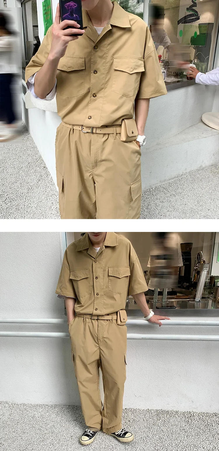 Description Picture 5 of itemMale Fashion with Leather Belt Bag Men Cargo Overalls Streetwear Korean Rompers Pockets Short Sleeve Button Jumpsuits Women Men