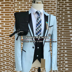 Sky Blue Suits Men Black Peaked Lapel Blazer Formal Prom Dress Elegant Groom Wear Wedding Tuxedo Tailore Made Male Fashion 3 Pcs