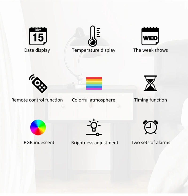 Description Picture 3 of item13" Large Digital Alarm Clock with Remote Control 11Color & Dynamic RGB Display LED Multicolor Ambiance Wall Clocks  Room Decor