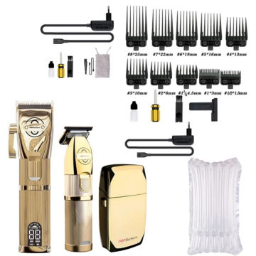 POP Barbers Professional Electric Hair Clipper Black Gold 3pcs Set Oil Head Gradient Engraving Bald Head Trimmer Barber Shaver