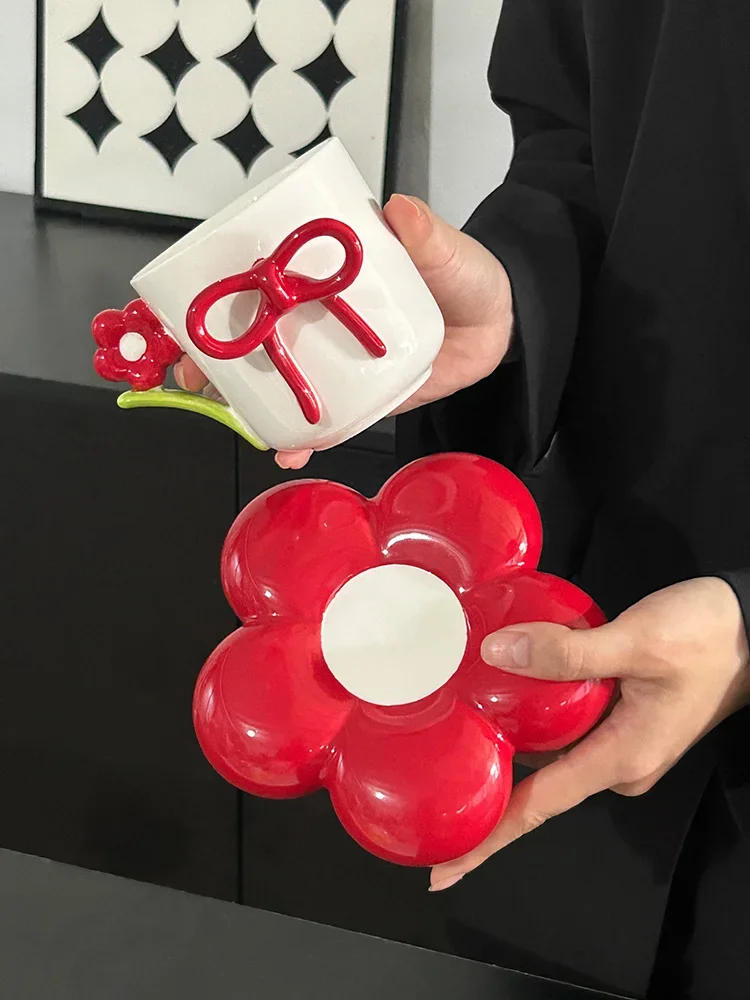 Description Picture 5 of itemThree-dimensional Bow Ceramic Mug and Plate Home Flower Coffee Cup Saucer Exquisite Girl Office Breakfast Milk Cup Birthday Gift