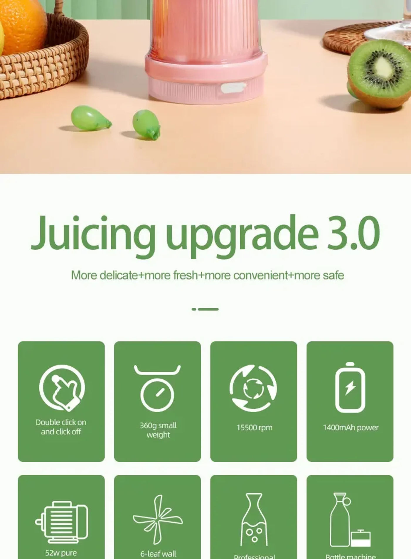 Description Picture 3 of itemElectric Juicer Cup 6 Blades Blender Milkshake Machine USB Portable Fruit Milk Mixing Tool Mini Fresh Juice Blender