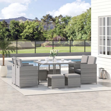 9 Pieces Patio Wicker Dining Sets, Space Saving Outdoor Sectional Conversation Set, with Dining Table