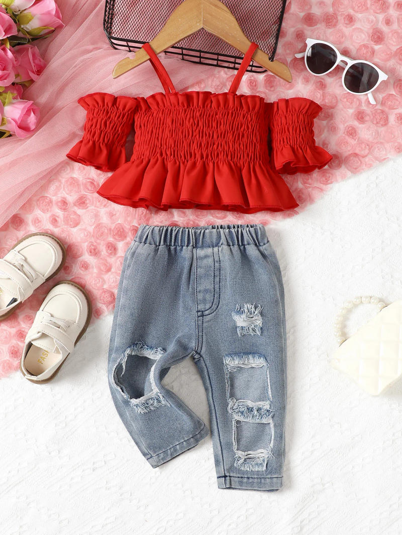 Description Picture 2 of item2pcs Baby Girls Clothing Set Strap Off Shoulder Sleeves Ruffle Edge Folds Top Denim Trousers Suit Baby Fashion Clothes Summer