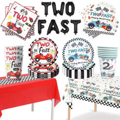 Boy Two Fast Birthday Party Supplies Disposable Party Tableware Plate Napkins Cups Tablecloth 2 Years Old Racing Car Party Decor