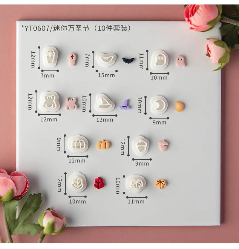 Description Picture 3 of item10 Pcs/set Mini Cartoon Halloween Polymer Clay Cutters Ghost Spider Bat Pumpkin Shaped Clay Molds for Earrings Pendant Making