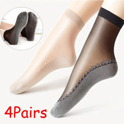 Spring Summer Women Soft Socks Casual Non-Slip Bottom Splice Fashion Transparent Ladies Girls Breathable Thin Silk Sock
