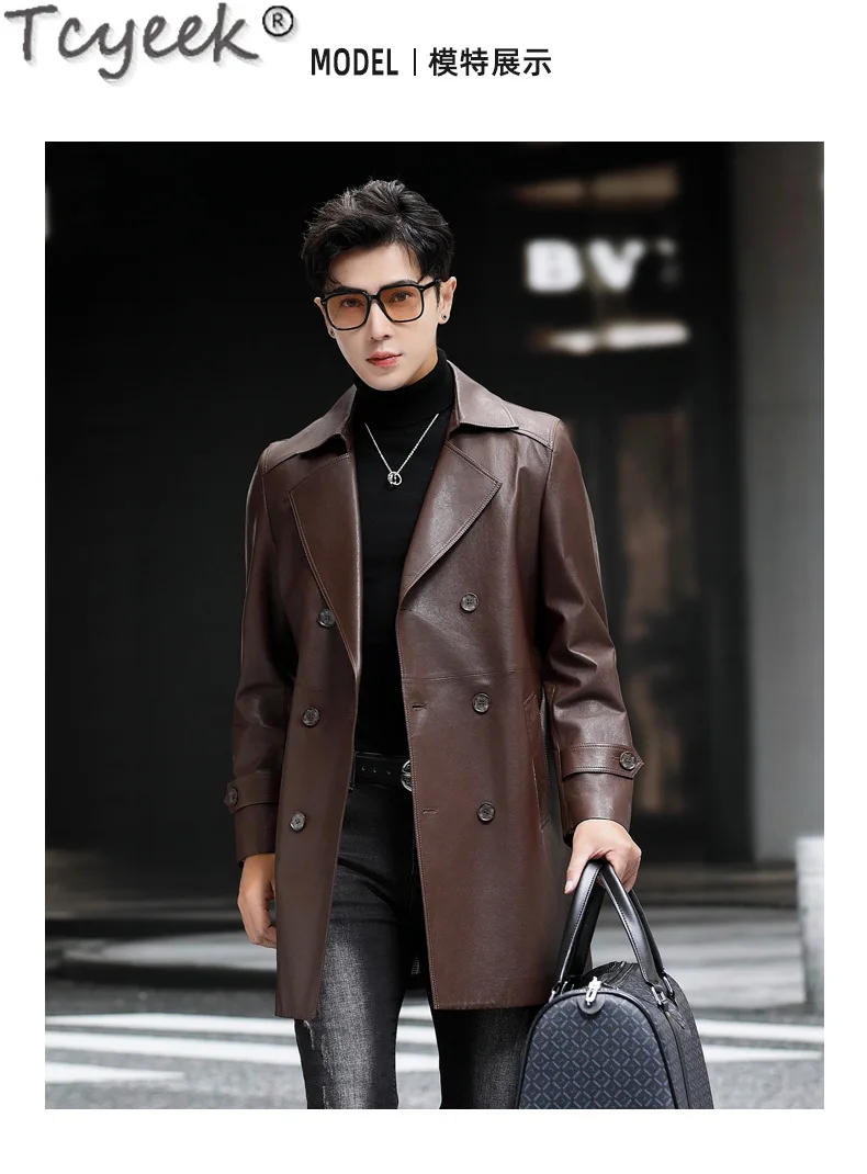 Description Picture 6 of itemTcyeek Genuine Leather Jacket Men Mid-length Real Sheepskin Coat for Women Spring Autumn Leather Coats Suit Collar Trench Coat