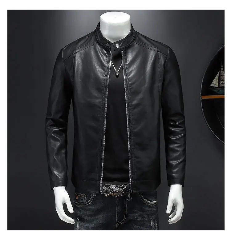 Description Picture 3 of item2024 Autumn Leather Jacket Men Stand Collar Slim Pu Leather Jacket Fashion Motorcycle Causal Coat Mens Moto Biker Leather Coat