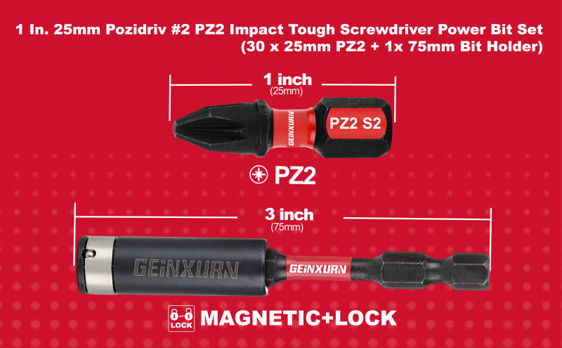 Description Picture 4 of itemGeinxurn 1Inches Pozidriv #2 PZ2 Impact Tough Screwdriver Power Bit Set, S2 Alloy Steel Screwdriver Bits Set