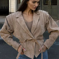 Fashion Retro Women Woolen Jacket Turn-down Collar Slim Fit Coat Long Sleeve High Waist Coat With Belt 2024 Autumn Lady Coat