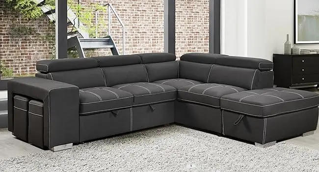 Description Picture 4 of itemSectional Sleeper Sofa with Pull-Out Bed, Chaise & Storage Ottoman 5 Seater L-Shaped Couch with Adjustable Headrest and Stools