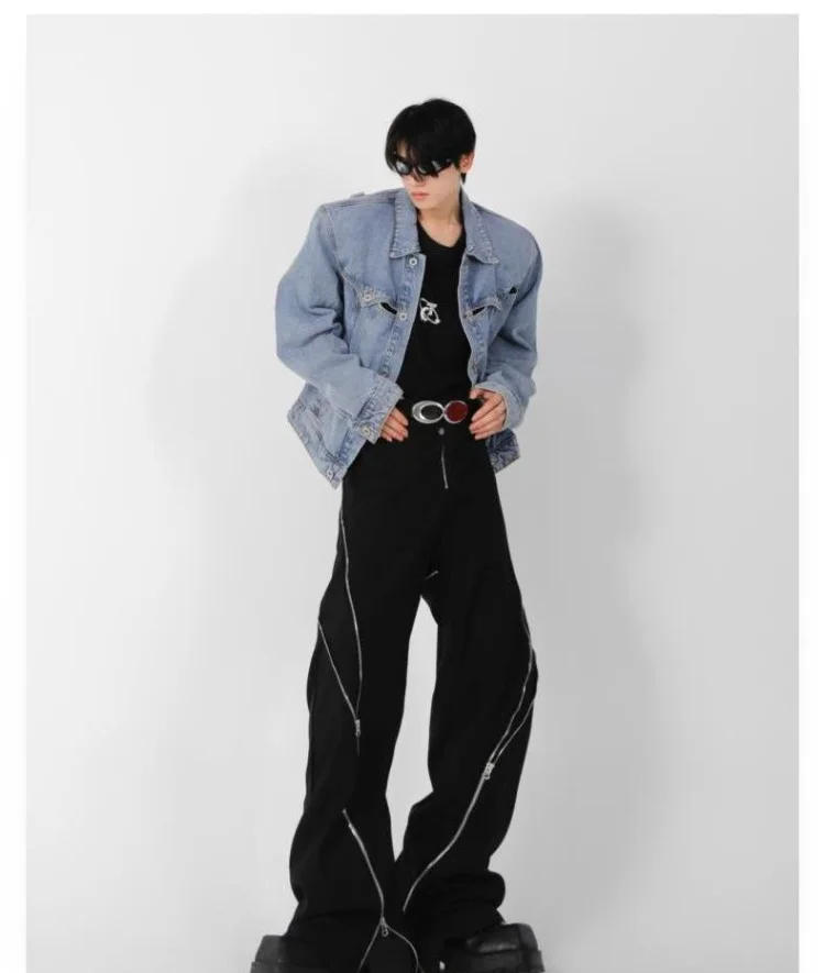 Description Picture 3 of itemDesign Slit Slightly Flared Pants American Trendy Brand Men Black Zipper Vertical Feeling Straight Casual Pants Retro Trousers