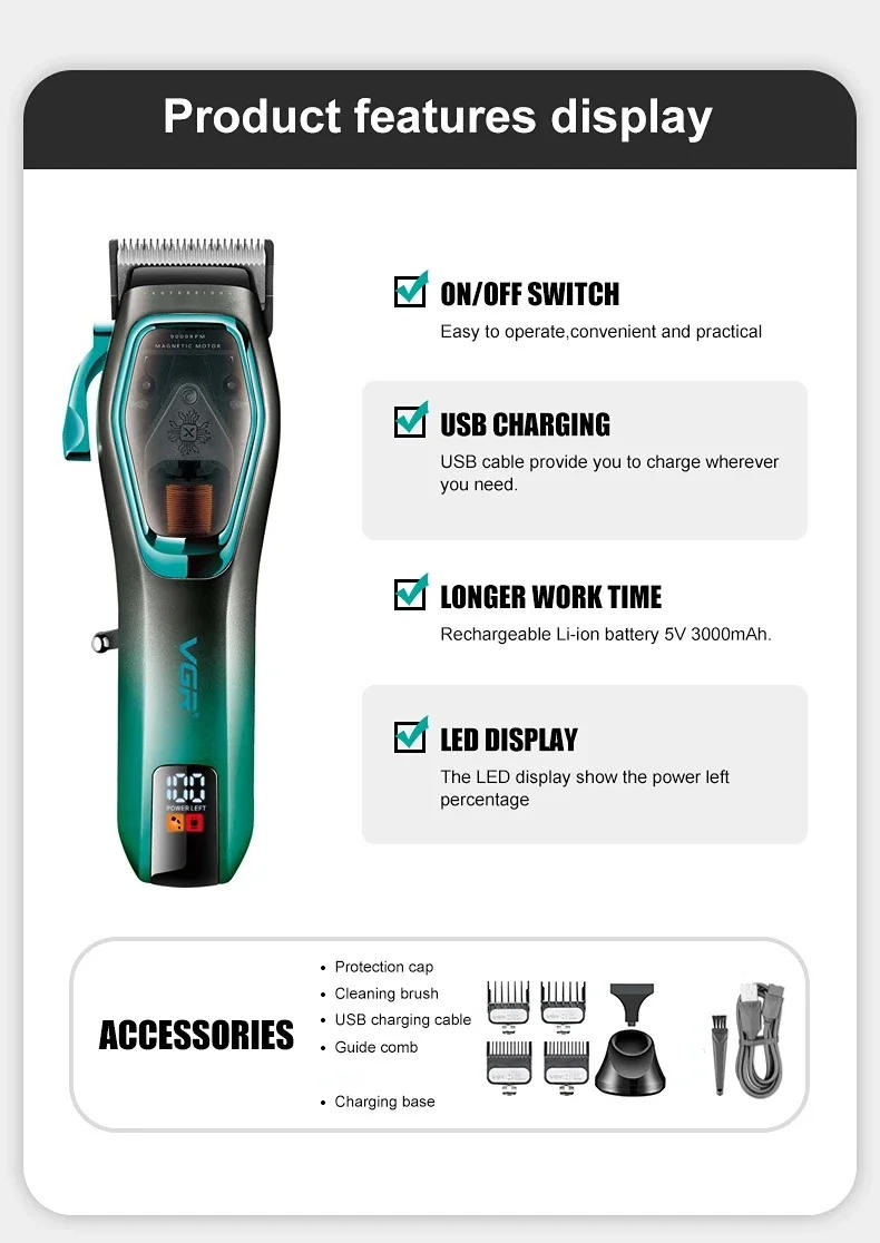 Description Picture 5 of itemVGR Hair Clipper Professional Hair Cutting Machine Adjustable Hair Trimmer Rechargeable 9000 RPM Barber Clipper for Men V-674