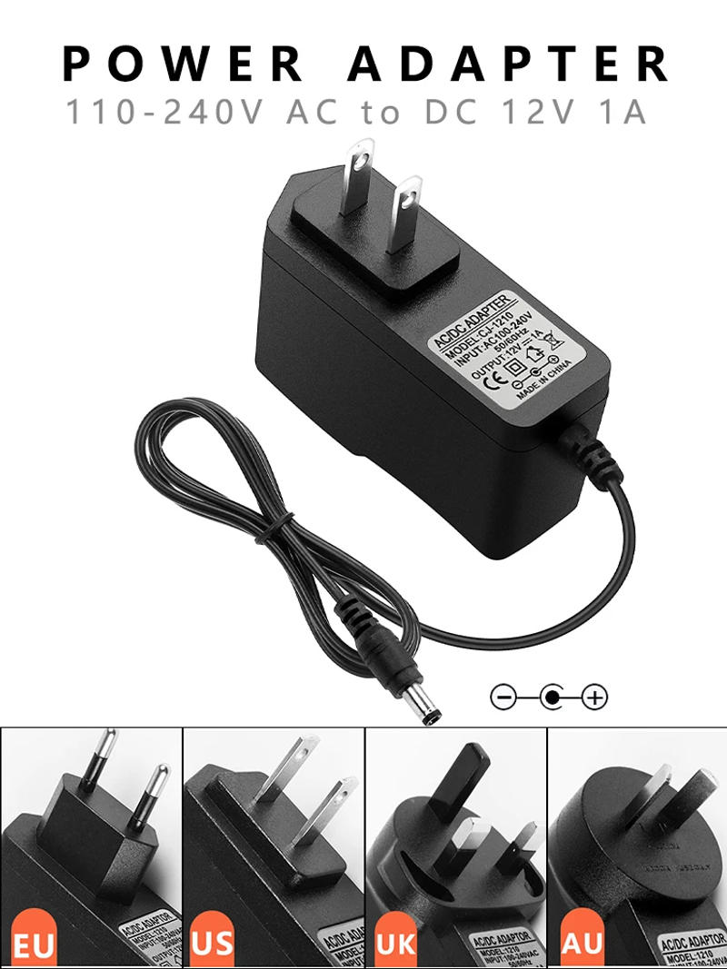 Description Picture 3 of item12V 1A Power Supply Adapter US EU AU UK Plug in AC/DC Converter 100-240V AC to DC 12V 12W 1000mA Chargerfor CCTV LED Strip Light
