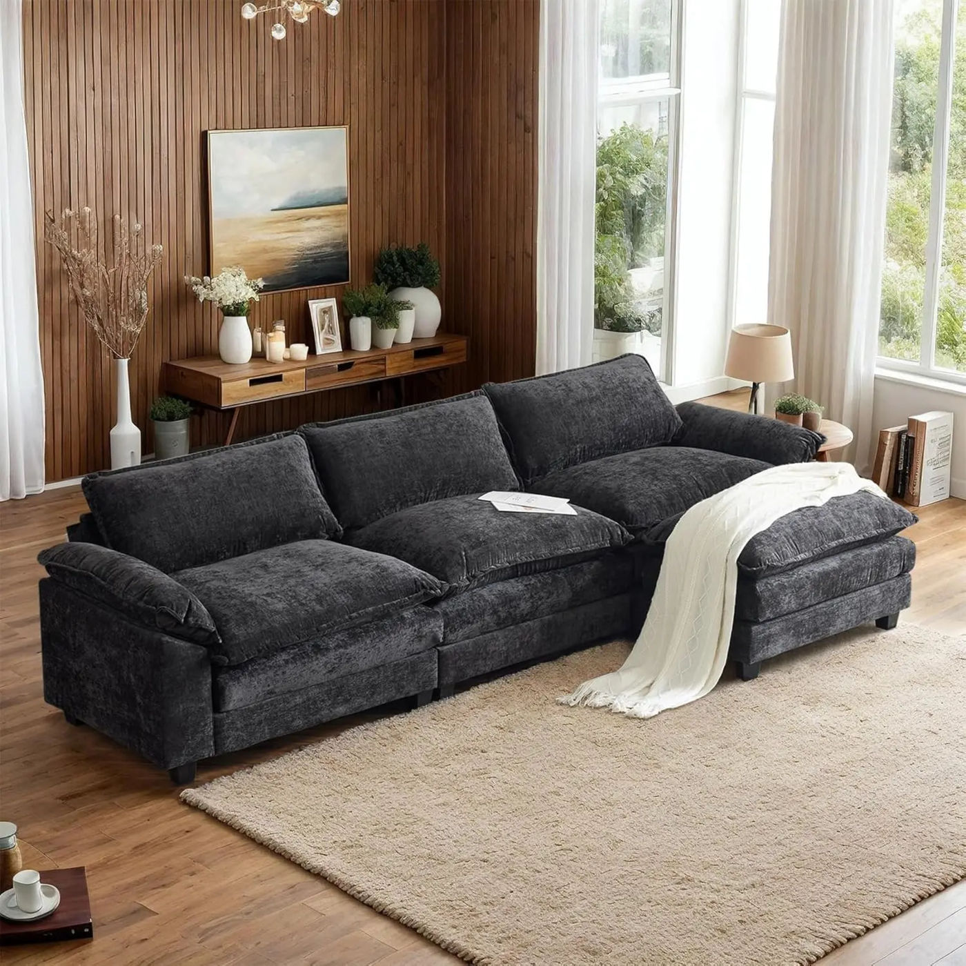Description Picture 2 of item122" Cloud Black Convertible Sectional Sofa Comfy L Shape Deep Seat Sofa Couch for Living Room Modern 3 Seat Convertible Sofa