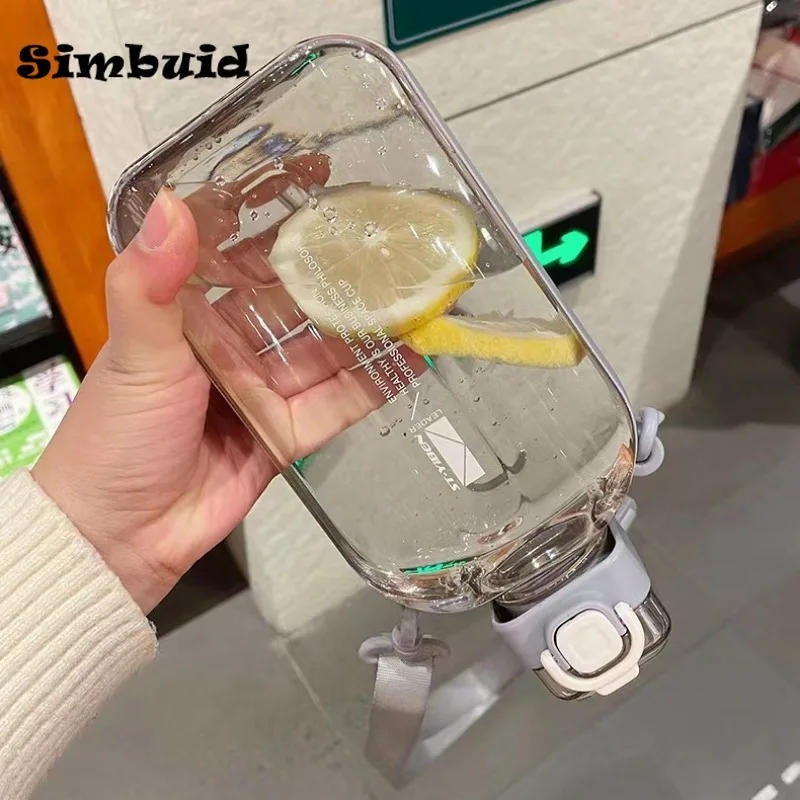 Description Picture 5 of itemFlat Square Transparent Water Bottle Portable Travel Drinkware with Adjustable Strap Slim Bottle for Outdoor Sport Camping