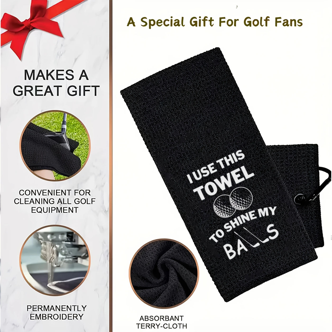 Description Picture 2 of item1pc Embroidered Microfiber Golf Towel with Clip, Quick-Dry Breathable Polyester Blend, "I Use This Towel To Shine My Balls" Desi