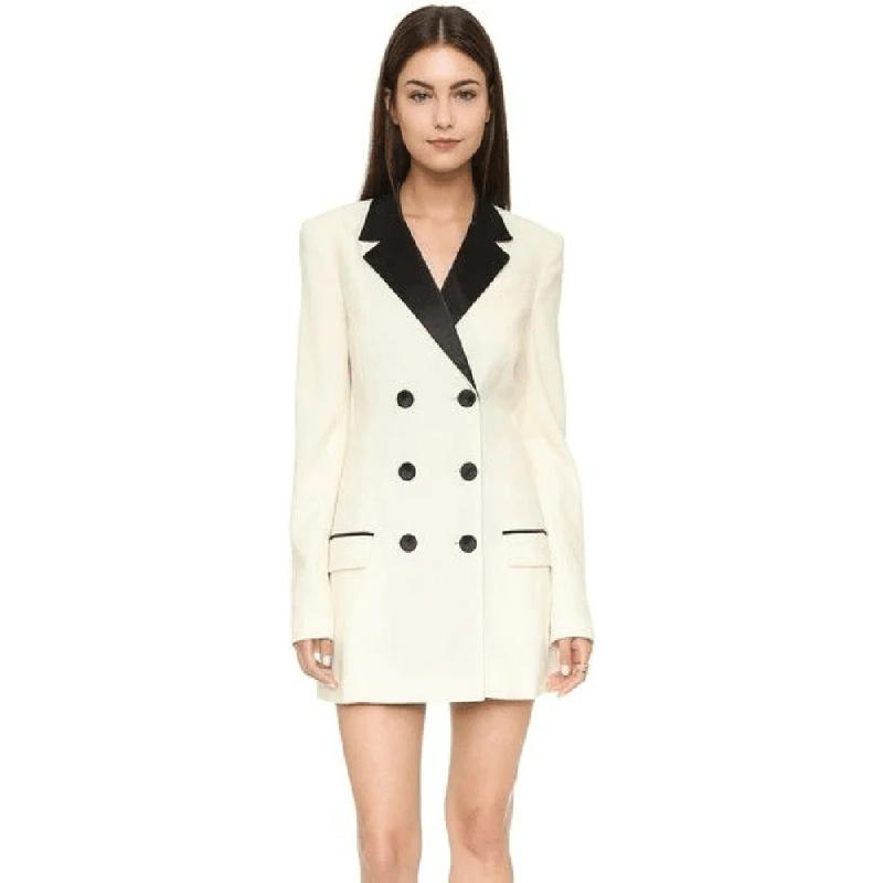 Description Picture 3 of itemElegant White Double Breasted Black Lapel Women's Jacket Fashion Formal Casual Office Lady Long Coat Slim Fit Only 1 Blazer