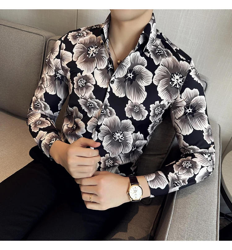 Description Picture 3 of itemLuxury Long Sleeved Flower Printed Shirt for Men Korean V-Neck Slim Fit Men's Tuxedo Shirts Plus Size Prom Floral Men Clothing