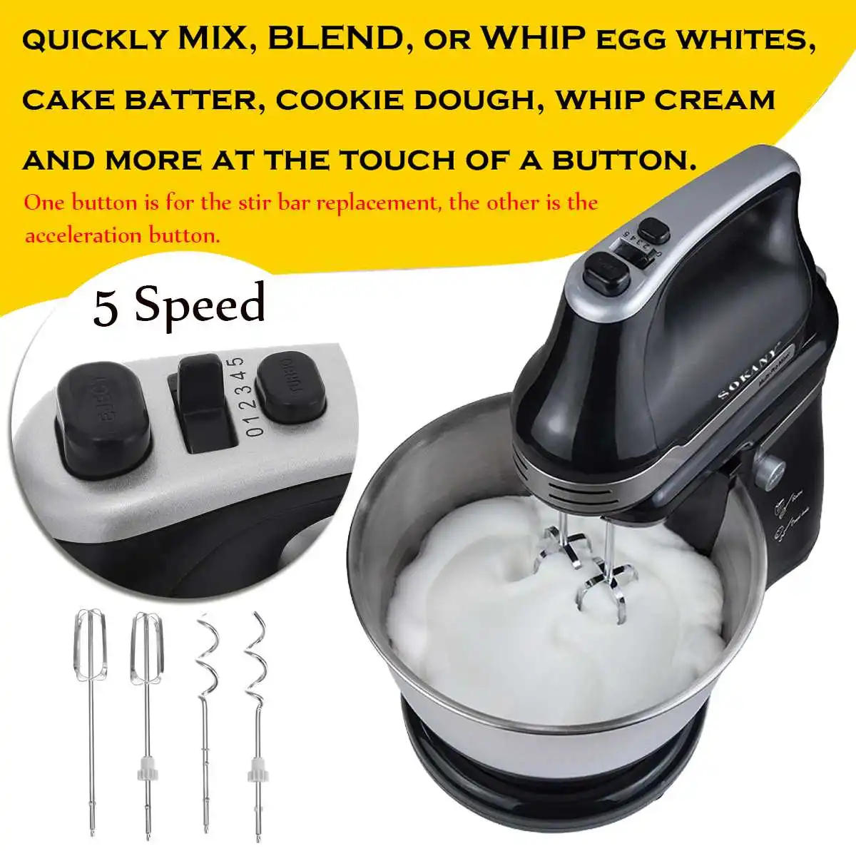 Description Picture 6 of item5 speed Kitchen Food Mixers 4.2L Stand Mixer Stainless Steel Bowl Blender Cream Egg Whisk Whip Dough Kneading Mixer Bread Maker