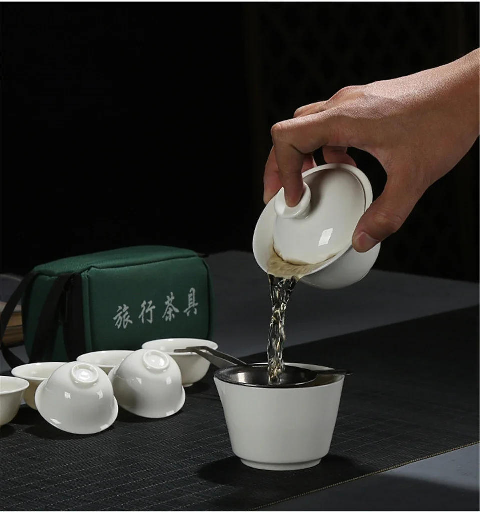 Description Picture 5 of itemSet Chinese Travel Kung Fu Tea Set Ceramic Portable Teacup Porcelain Service Gaiwan Tea Cups Mug of Tea Ceremony Teapot