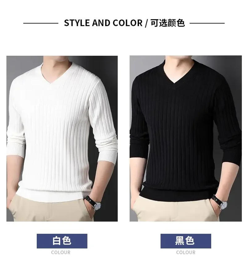 Description Picture 4 of itemAutumn Winter New Men V-neck Sweater Solid Vertical Stripes Casual Korean Fashion Slim Long Sleeve Bottoming Knitted Pullovers