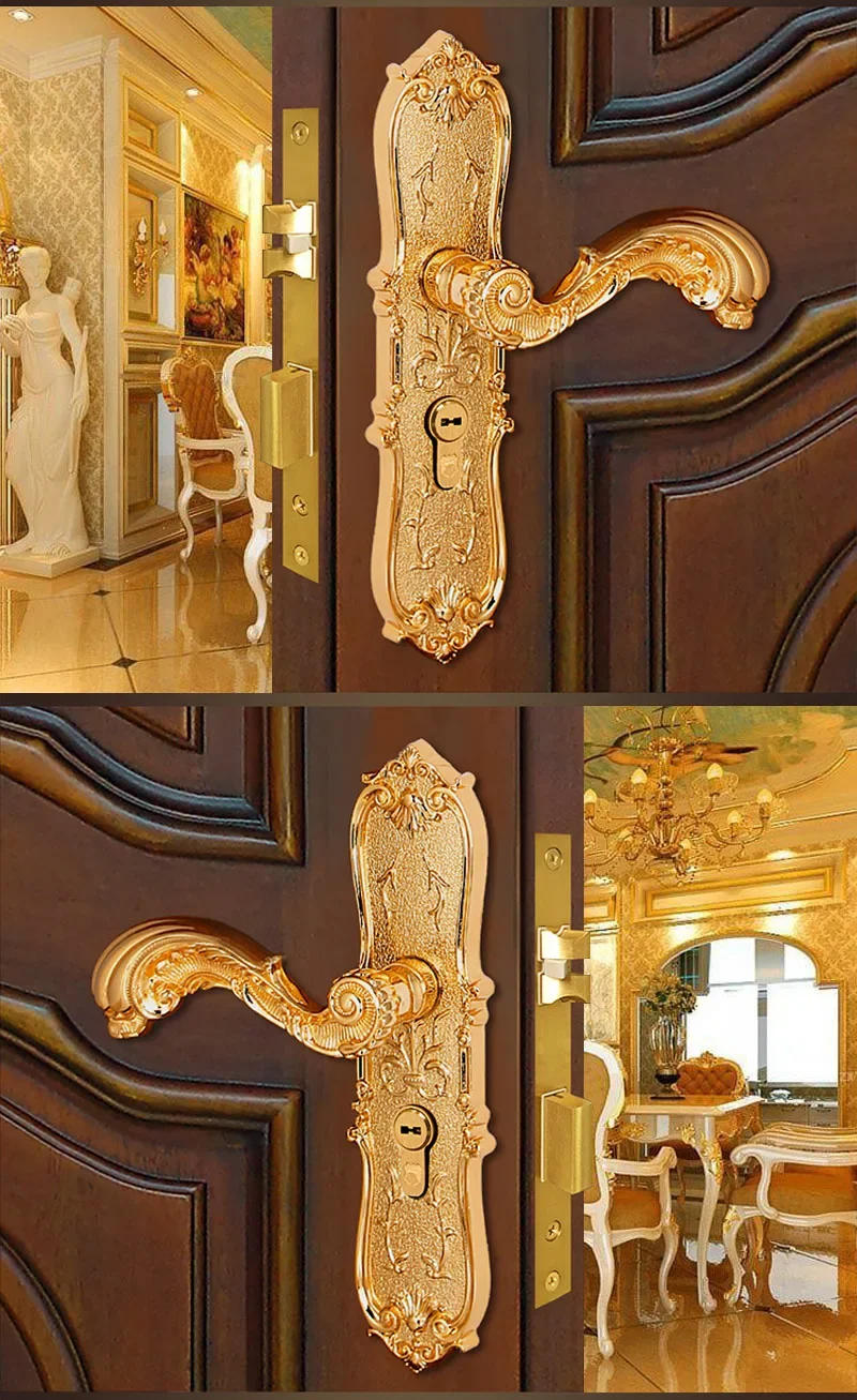 Description Picture 5 of itemEuropen Brass Gate Lock Door Locks Modern Golden Indoor Handle Lockset Villa Rose Golden Wood Door Locksets