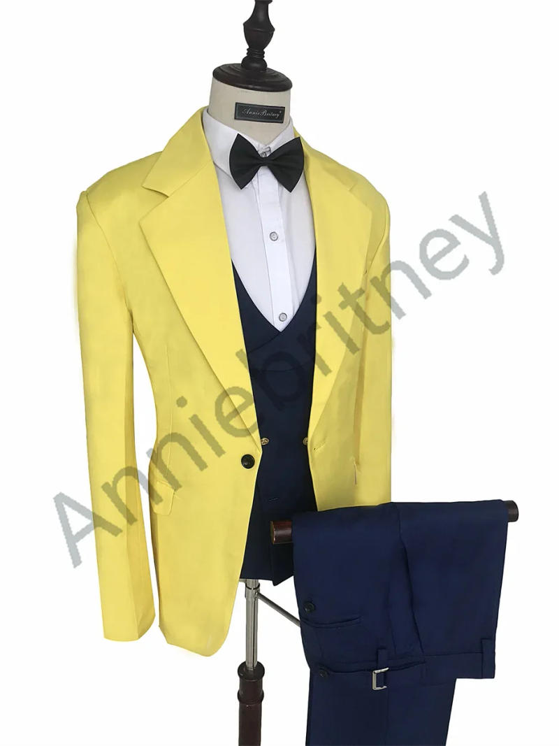 Description Picture 6 of itemBlue Jacket Yellow Vest Pants Fashion Men Suit Casual Slim Fit Blazers Hombre Prom Party High Quality Custom 3 Piece Set Costume