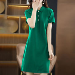 Woman New 100% Cotton Soft Dress Polo Collar Long Loose Large Size Pullover Sweater Spring Summer Short Sleeve Bottoming Dress