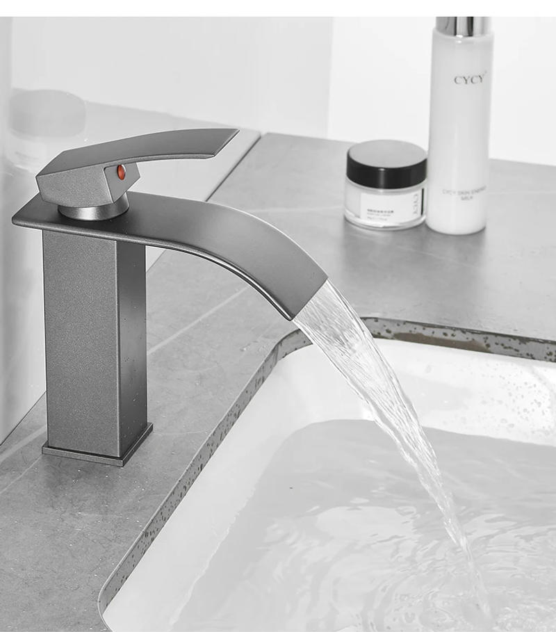 Description Picture 6 of itemBathroom Faucet Basin Hot And Cold Water Mixer Vanity Tap Gun Grey Finish Deck Mount Sink Mixer Waterfall Washbasin Tap
