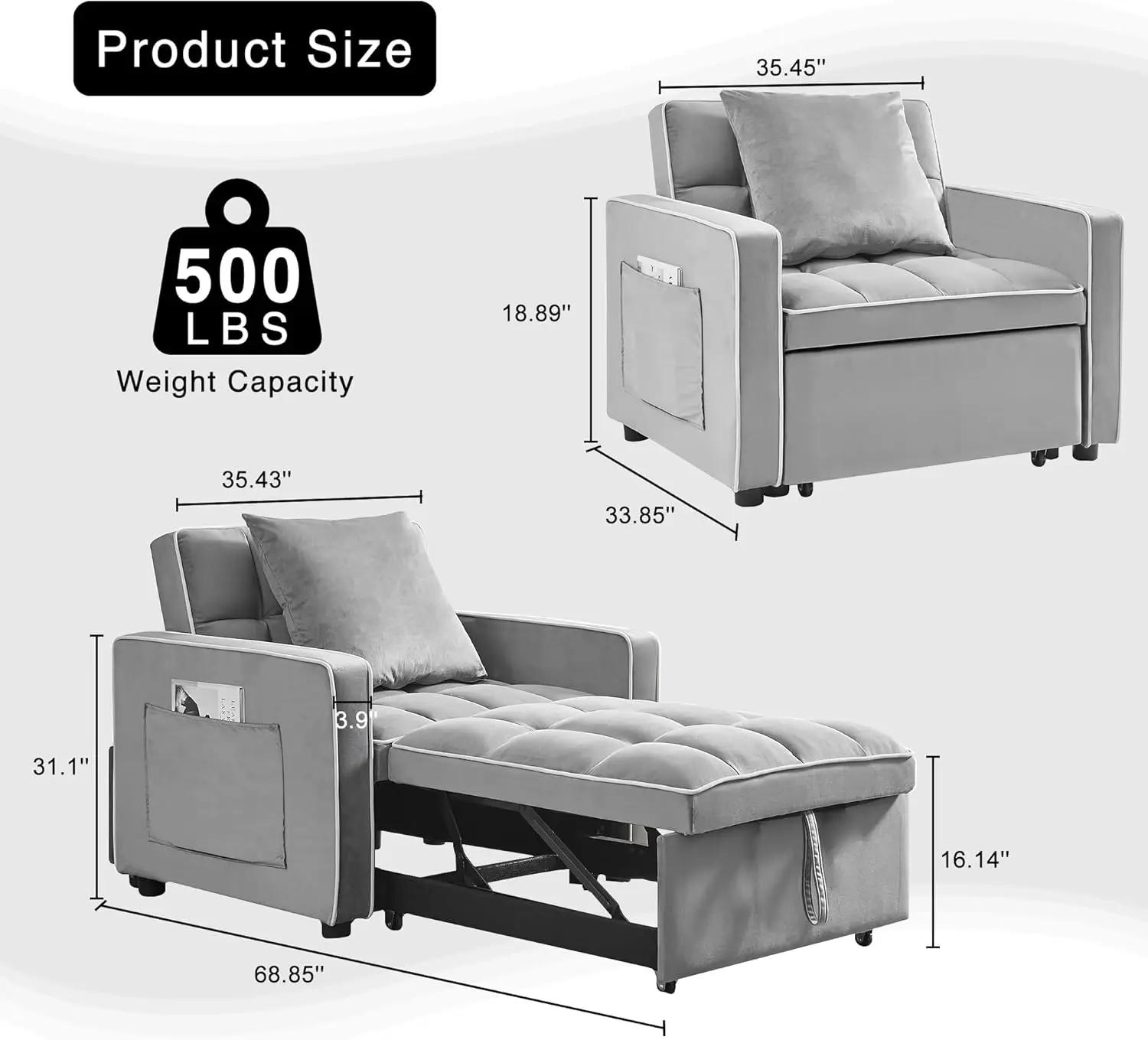 Description Picture 3 of item3 in 1 Sleeper Chair Bed, Convertible Sofa Bed with Side Pocket,Adjustable Backrest ,Chair Bed Sleeper for Adults in Living Room