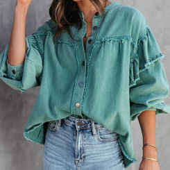 Denim Jacket for Women Streetwear Washed Coat Rivet Lantern Sleeve Single Breasted Overcoat 2024 Autumn Female Vintage Outerwear