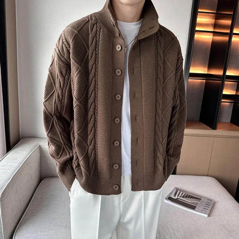 Description Picture 6 of itemVintage Jacquard Knitting Cardigan Men Sweater Casual Long Sleeve Pure Color Sweatercoat for Mens Knitwear Fashion Coat Sweaters