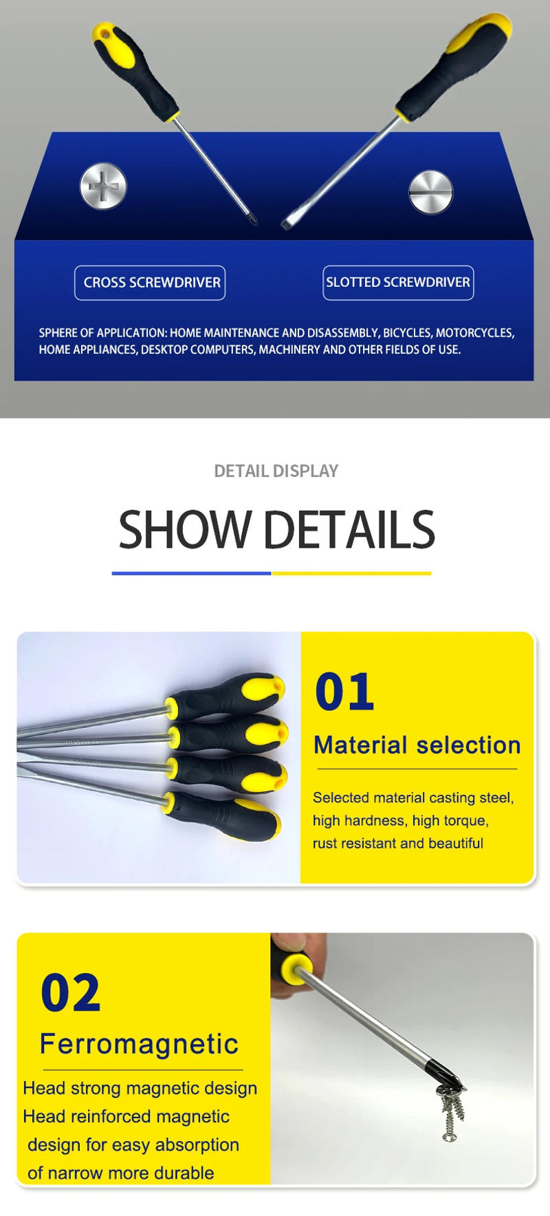Description Picture 5 of item3/4/5/6/8 Inch Rubber-coated Anti-slip Handle Word Cross Strong Magnetic 45# Steel Screwdriver Screwdriver
