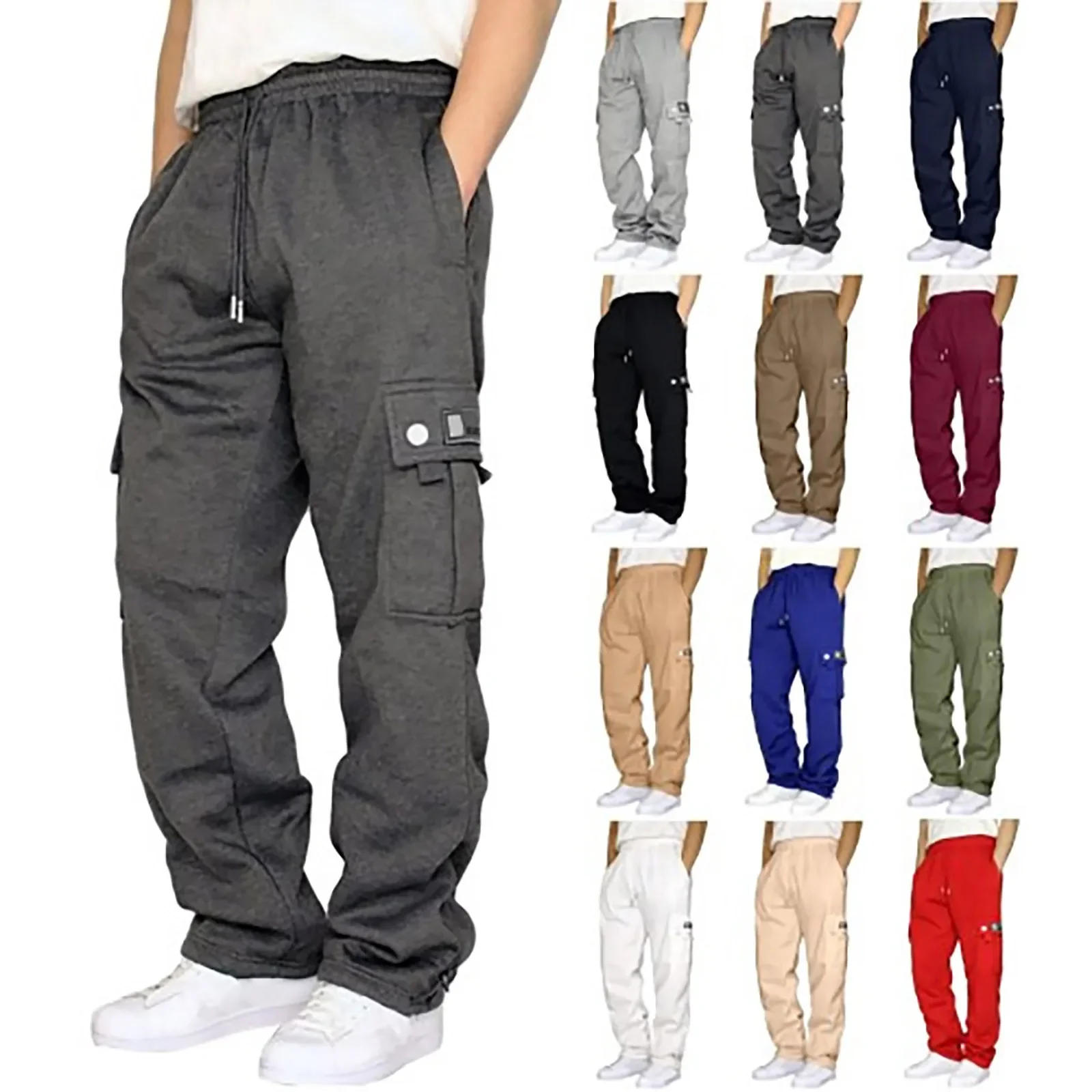 Description Picture 2 of itemMen Cargo Pants Multi Pockets Work Trousers Drawstrings Loose Waist Solid Color Pockets Loose Straight Sweatpants Outwear Male