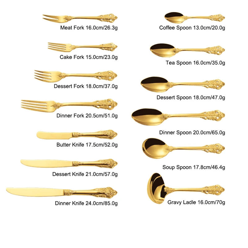 Description Picture 3 of item1Pcs Luxury Golden Dinner Set Vintage Western Stainless Steel Cutlery Sets Wedding Engraving Tableware Knife Fork Spoon Teapoon