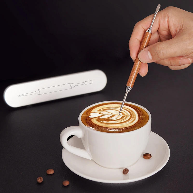 Description Picture 2 of itemCoffee Latte Art Stainless Steel Carving Needle Solid Wood Latte Coffee Crochet Needle Fancy Coffee Latte Art Pen barista Tool