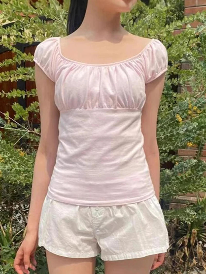 Description Picture 2 of itemPink Ruffle Slim Short Sleeve Tee Women Summer Square Collar Cotton Mesh Folds T-shirts Female Aesthetic Sweet Cute Y2K Tops New