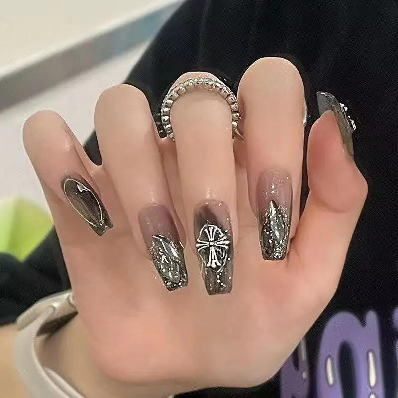 Description Picture 5 of itemBlack Square Press On Nails with 3D Cross Designs - Full Cover Acrylic False Nails for Women and Girls Detachable Long Fake nail