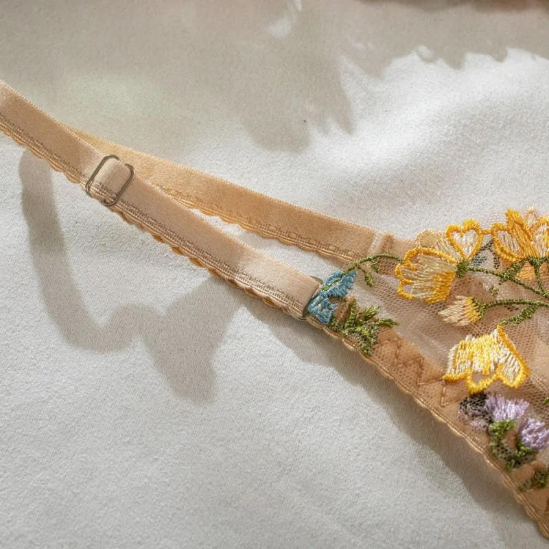 Description Picture 6 of item2-Piece Embroidery Lingerie Set Sexy Floral Sheer Wireless Bra Boho Bra Panty Set