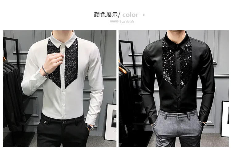 Description Picture 3 of itemMen Long Sleeve Sequins Tuxedo Shirts Camisa Masculina Black White Casual Slim Fit  Dress Shirts Streetwear Men Social Tops