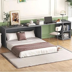 Queen Size Murphy Bed Cabinet Hideaway Foldable Desk Easy Assembly Modern Design 600lb Capacity Wood Wall Bed Platform Kids Gray