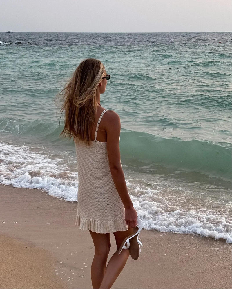 Description Picture 6 of itemSexy Crochet Halter V Neck Chic Ruffle Knit Mini Dress 2025 Summer Women Comfy Seaside Holiday Beach Club Dresses K58